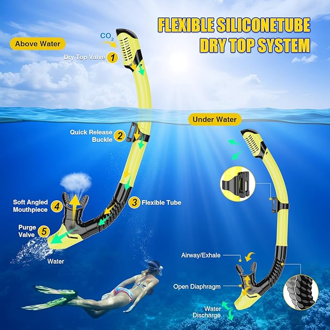 Snorkeling Gear, Dry Snorkel Set180° Panoramic Wide View,Anti-Fog Scuba Diving Mask, Professional Snorkeling Gear for Free Breathing, Swimming, Diving