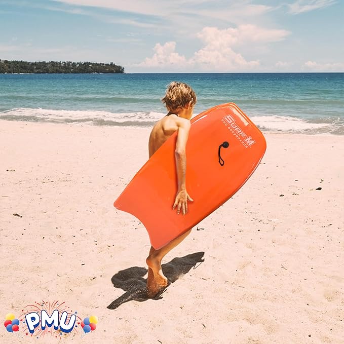 PMU 33 Inch Orange Bodyboard - Lightweight Wrist Leash, Slick Bottom Boards for Beach, Sea & Pool - Surfing Board for Kids, Teens & Adults Wave Conditions Pkg/1