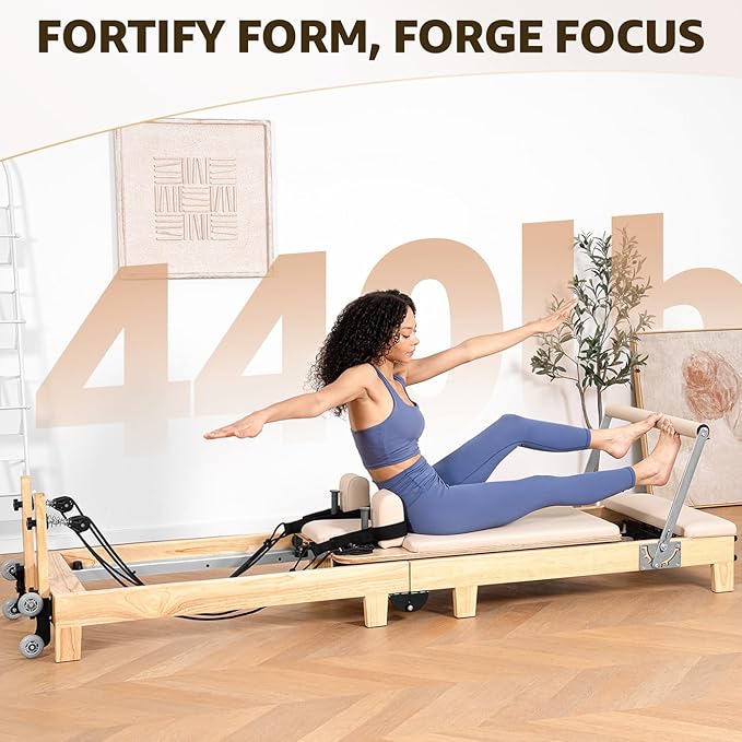 Pilates Reformer Machine, Quick-Assembly Studio Grade Pilates Equipment for Gym and Home, Oak Wood Pilates Reformer with Reformer Accessories