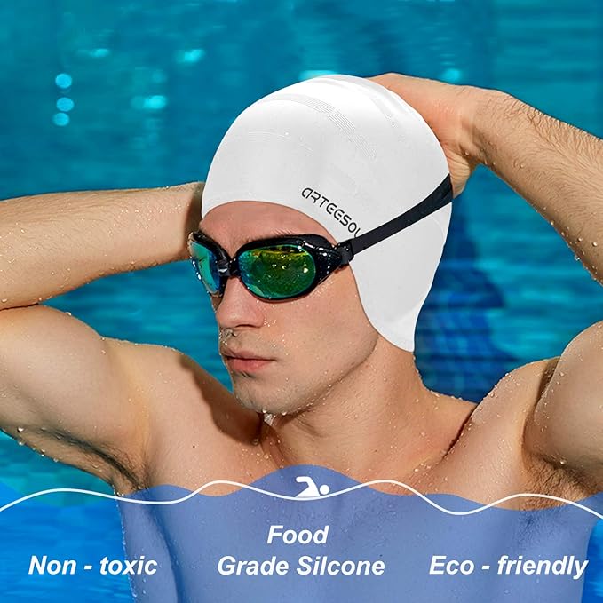 Swimming Cap, Silicone Swim Cap for Women Men, Durable Non-Slip Waterproof Swim Cap Protect Ears, Long Hair for Adults, Older Kids