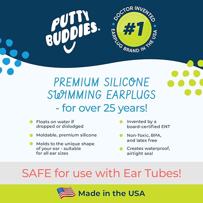 Earvolution Floating Putty Buddies Ear Plugs for Swimming - Invented by an Ear Physician - Moldable, Premium, Silicone - Floats on Water - Waterproof - Made in The USA - 3 Pack - Blue/Red/Green