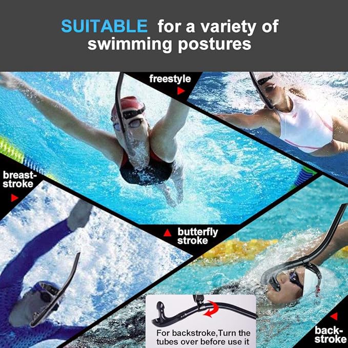 Swim Snorkel for Lap Swimming,Adult Swimmers Snorkeling Gear for Swimming Snorkel Training in Pool and Open Water,Snorkle Center Mount Silicone Mouthpiece One-Way Purge Valve