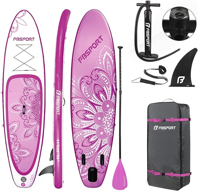 FBSPORT 11' Premium Stand Up Paddle Board, Yoga Board with Durable SUP Accessories & Carry Bag | Wide Stance, Surf Control, Non-Slip Deck, Leash, Paddle and Pump for Youth & Adult