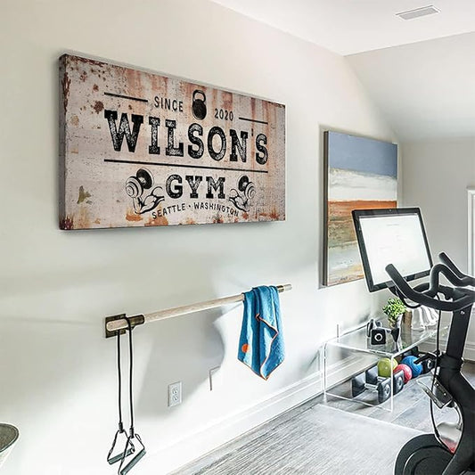 TAILORED CANVASES Personalized Gym Sign Wall Art Decor - Motivational Canvas s for Home Gym, Workout Room, Garage, Fitness Center - Workout Inspirational Posters - Kettlebell on Rustic, 48x24in