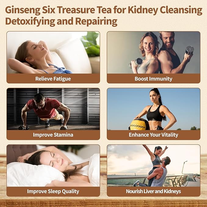 Kidney Tea Formula Ginseng Six Treasure Tea - Natural Chinese Traditional Herbal Ginseng Five Treasures Kidney Detox Cleanse Teabag For Men Women - 30 Bags