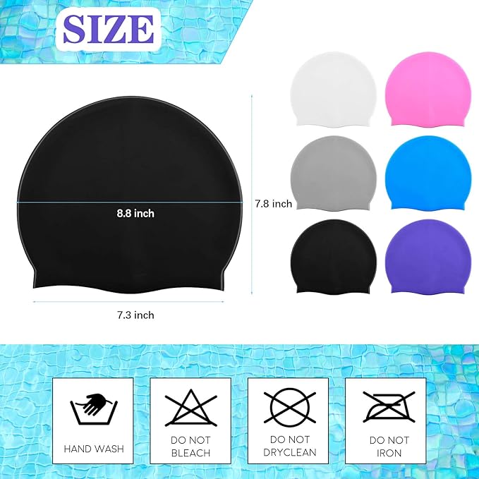 Syhood 6 Pieces Unisex Adult Silicone Swim Cap Waterproof Swimming Hat Non Slip Pool Hat Elastic Silicone Cap for Long and Short Hair