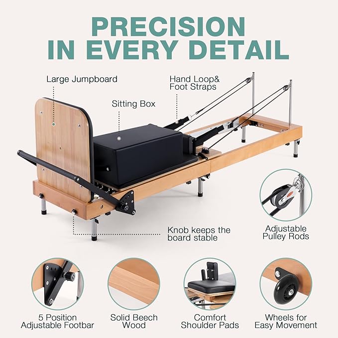 Pilates Reformer, ARKANTOS Reformer Pilates Machine Foldable Beech Wood Frame, Adjustable Resistance with Box and 2 Jump Boards, Easy Storage for Home Gym