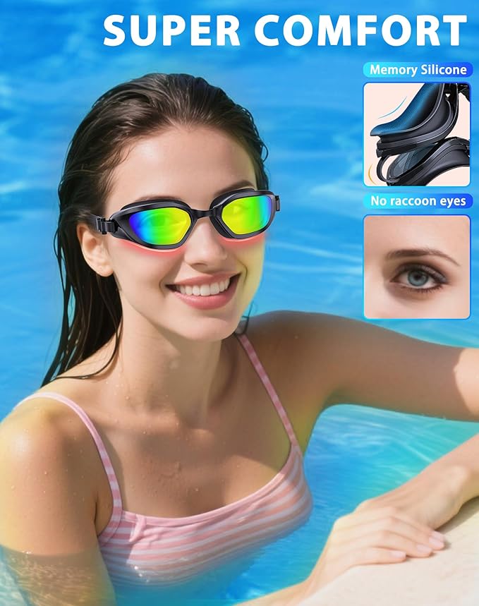 Swim Goggles, Unisex Adult Swimming Goggles Anti Fog Anti UV No Leakage Wide View for Men Women Youth