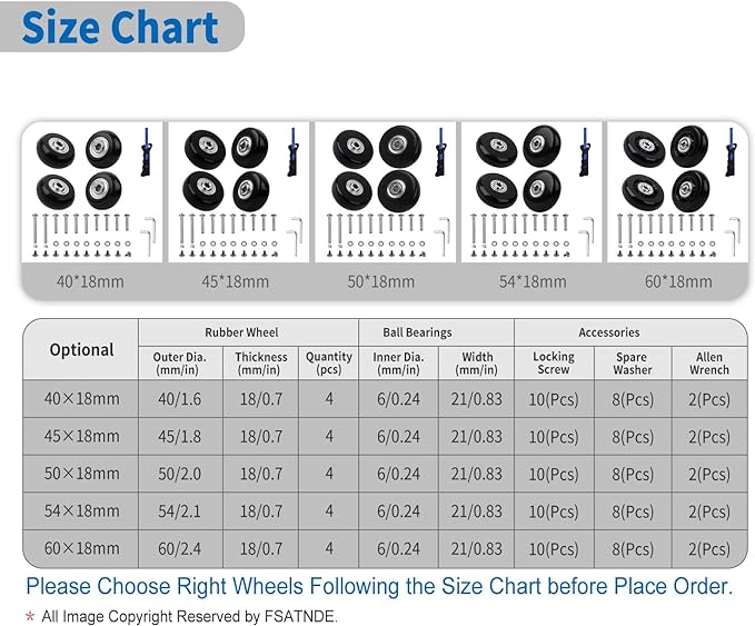 Luggage Suitcase Replacement Wheels Set of 4 PU Bearing Wheels-Install Width 0.8in/21mm with 3 Size Axles and Hacksaw for Trolley Bag Drawbar Box Smooth Rolling Repair(50mm x 18mm)