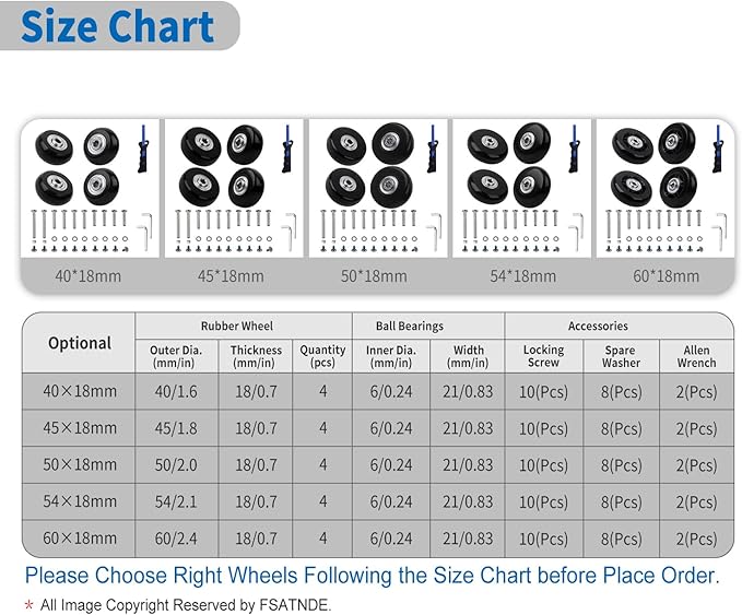 Luggage Suitcase Replacement Wheels Set of 4 PU Bearing Wheels-Install Width 0.8in/21mm with 3 Size Axles and Hacksaw for Trolley Bag Drawbar Box Smooth Rolling Repair(45mm x 18mm)