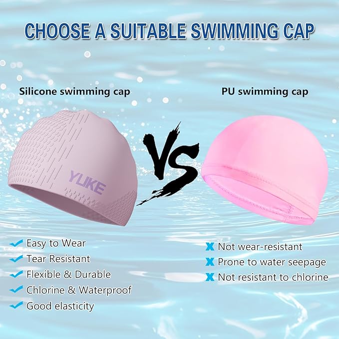 Silicone Swim Cap for Long Hair Adults Women Men, Waterproof Stretchy Swimming Caps, Durable Tear Resistant Bathing Cap