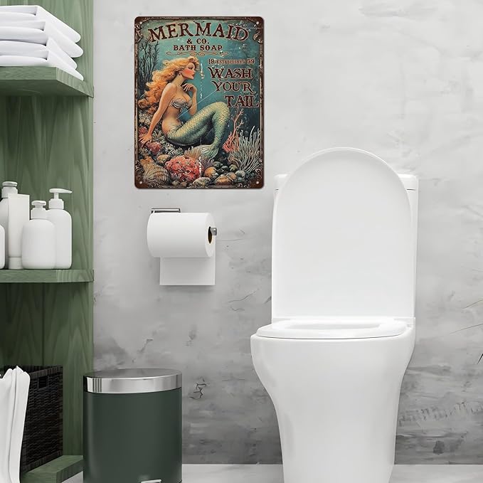 Retro Mermaid Tin Sign Wash Your Tail Vintage Metal Poster Funny Bath Soap Wall Art Toilet Bathroom Man Cave Bar Cafe Indoor Living Room Garage 12 * 16inch