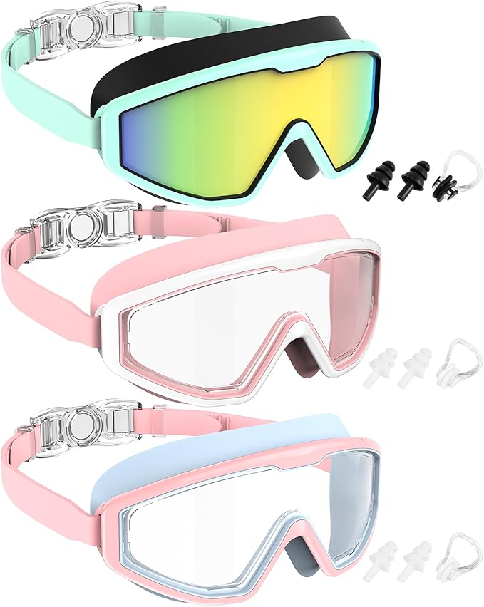 NSSIW Swim Goggles Swimming Kids-Goggles: Anti Fog No Leak with Nose Clip Earplugs for Girls Boys Youth 6-14 3 Pack