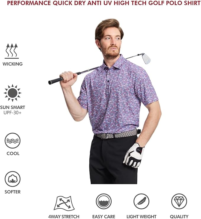 Men's Golf Polo Shirts Short Sleeve Striped Performance Moisture Wicking Dry Fit Golf Shirts for Men