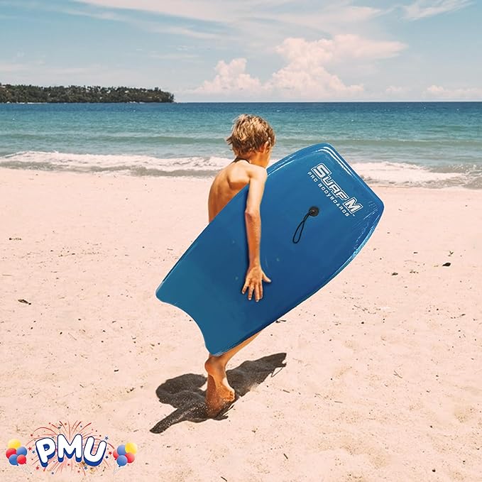 PMU 33 Inch Sky Blue Bodyboard - Lightweight Wrist Leash, Slick Bottom Boards for Beach, Sea & Pool - Surfing Board for Kids, Teens & Adults Wave Conditions Pkg/1