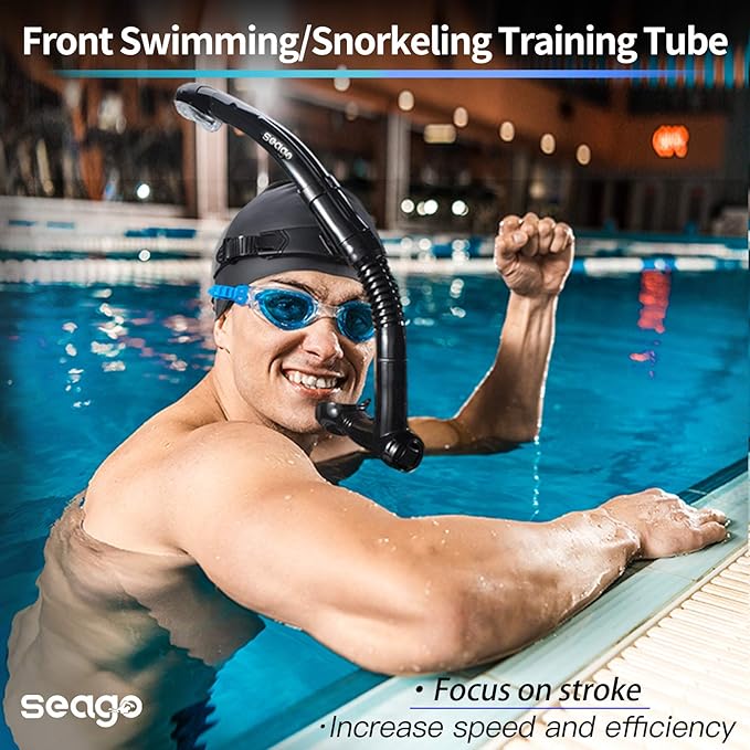 Seago Swim Snorkel for Lap Swimming, Dry Top Front Swimmer Snorkel for Adult Youth, Snorkel Gear Swimming Training Equipment in Pool and Open Water with Comfy Head Pads Food-Grade Silicone Mouthpiece