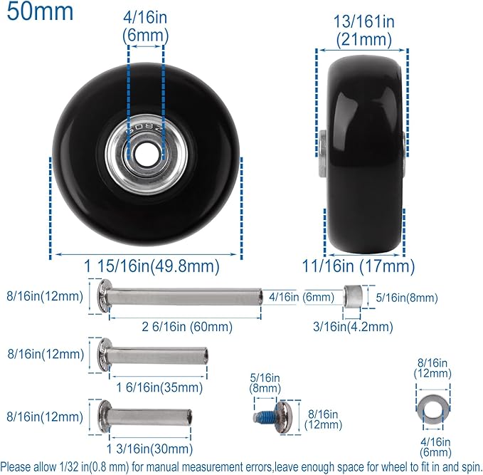 Luggage Suitcase Replacement Wheels Set of 4 PU Bearing Wheels-Install Width 0.8in/21mm with 3 Size Axles and Hacksaw for Trolley Bag Drawbar Box Smooth Rolling Repair(50mm x 18mm)
