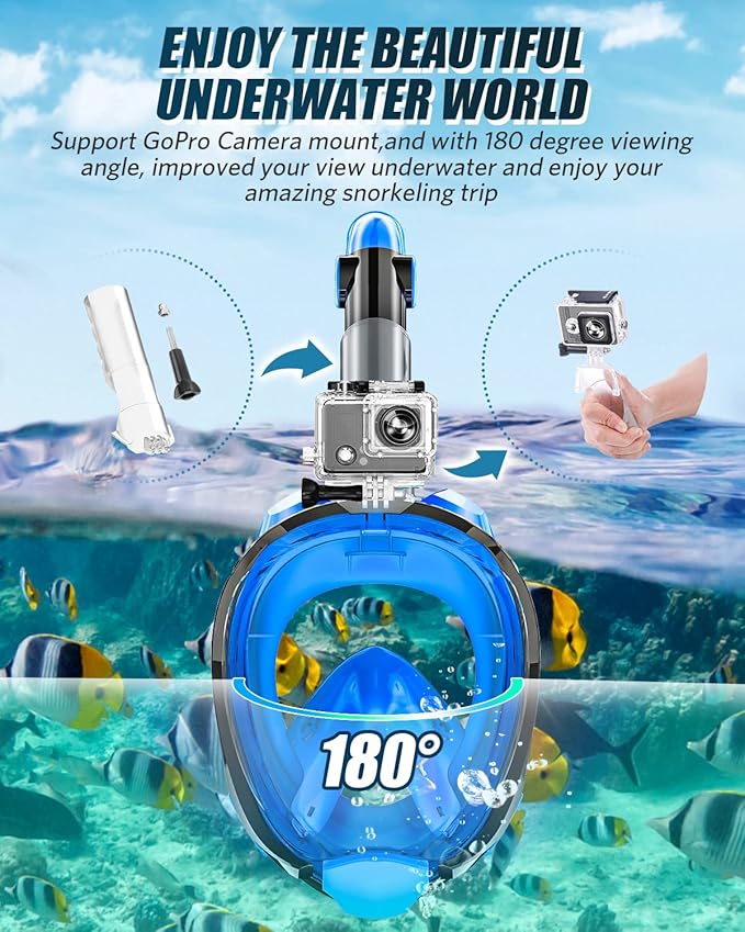 QingSong Full Face Snorkel Mask for Adults, Snorkeling Gear with Camera Mount, 180 Degree Panoramic View Snorkel Set Anti-Fog Anti-Leak