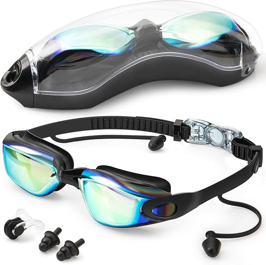 Swim Goggles,Swimming Goggles No Leaking Anti Fog UV Full Protection with Nose Clip Earplugs,Swim Pool Goggles for Adult Men Women Youth