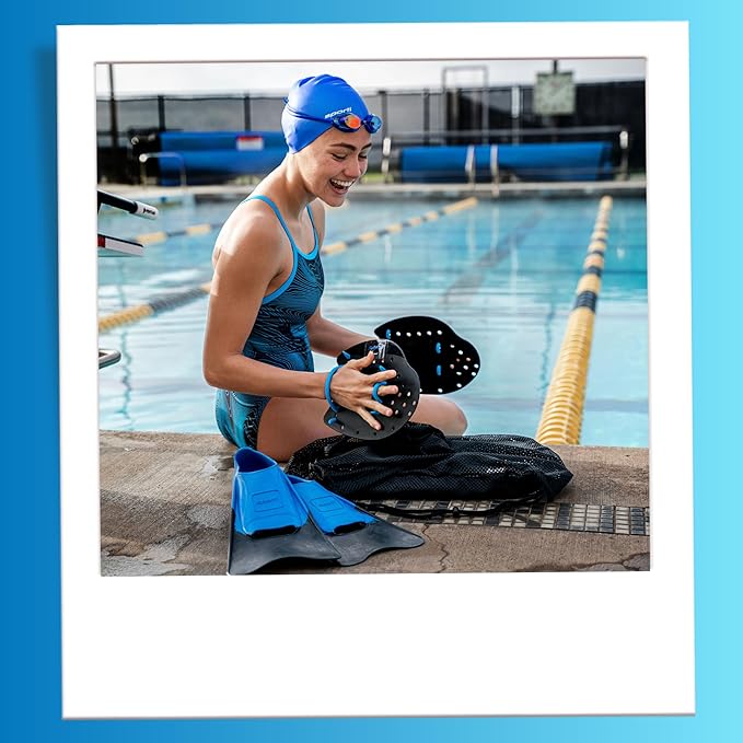 𝗦𝗽𝗼𝗿𝘁𝗶 Power Swim Paddles for Lap Swimming - Adjustable Straps - Lap Swimming Gears - Hand Paddles for Adults & Kids
