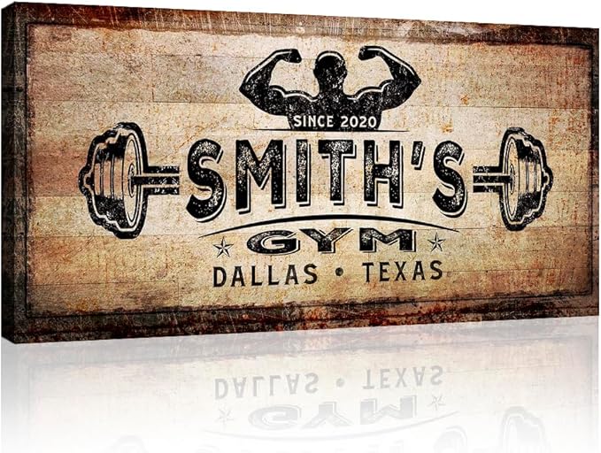 TAILORED CANVASES Personalized Gym Sign Wall Art Decor - Motivational Canvas s for Home Gym, Workout Room, Garage, Fitness Center - Workout Inspirational Posters - Gym Name on Rustic Copper, 48x24in
