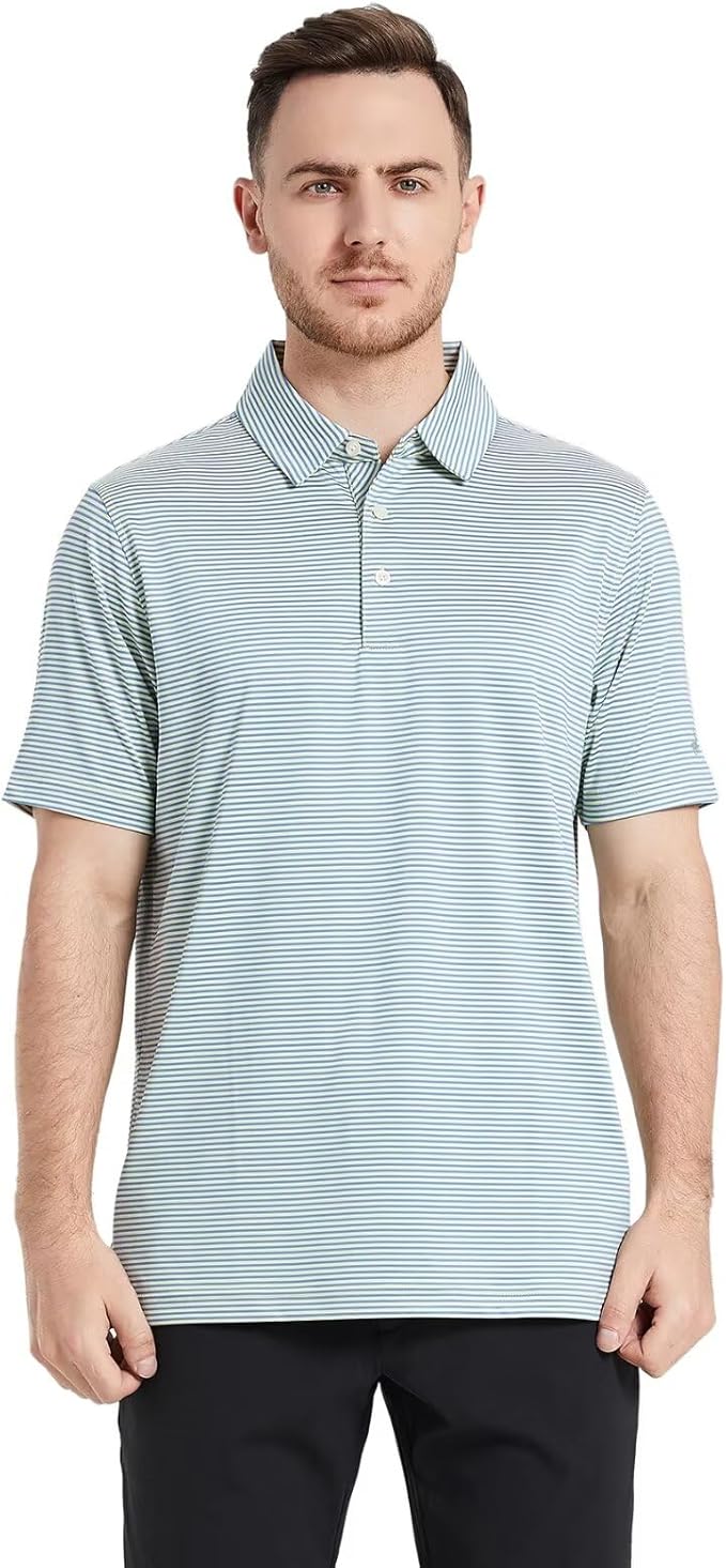 Mens Golf Shirt Moisture Wicking Dry Fit Performance Sport Short Sleeve Striped Golf Polo Shirts for Men
