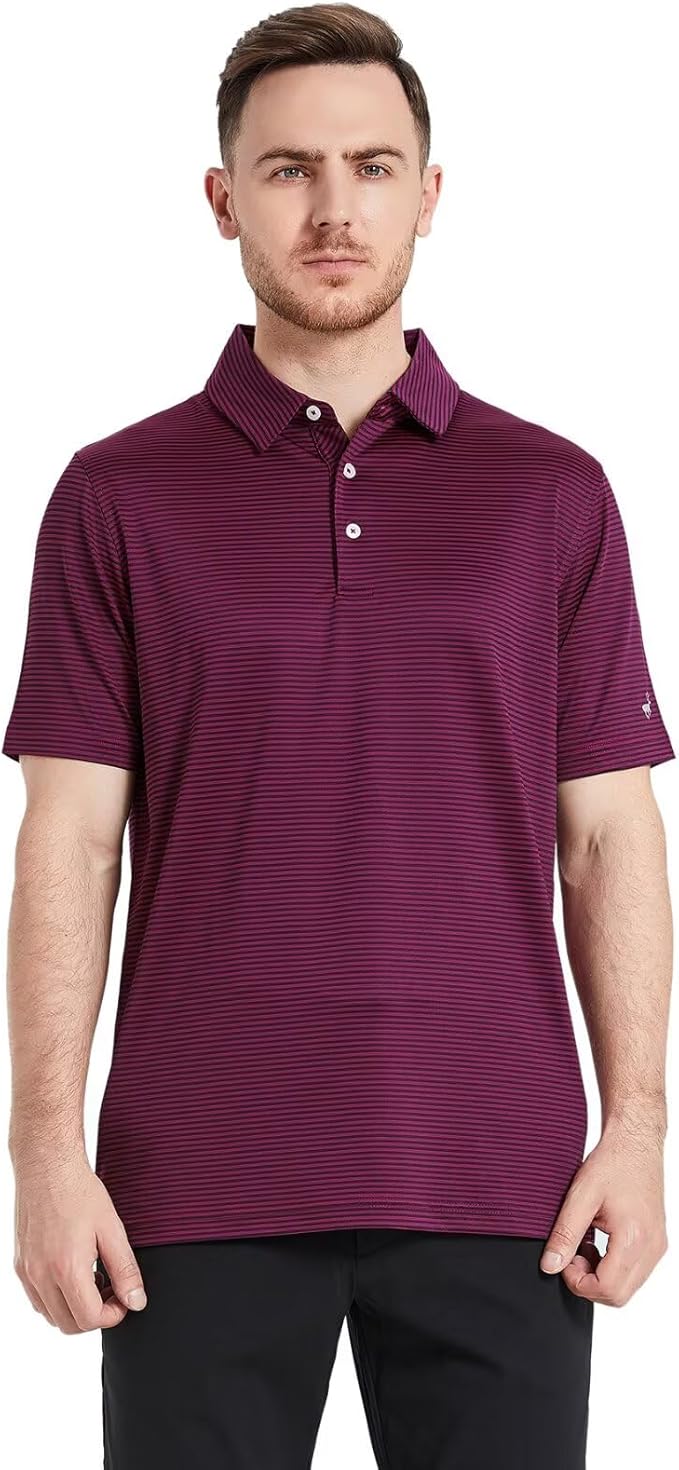 Men's Golf Polo Shirts Short Sleeve Striped Performance Moisture Wicking Dry Fit Golf Shirts for Men