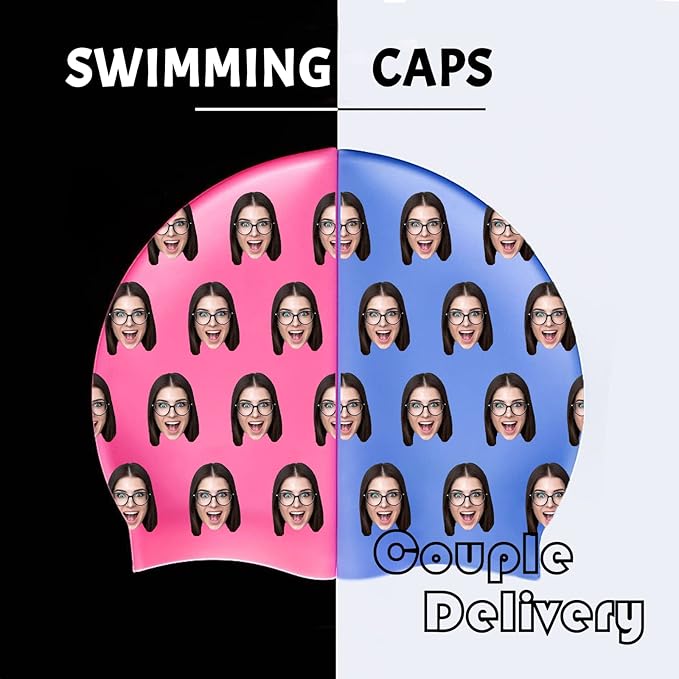 Custom Swim Cap with Photo Personalized Silicone Swim Cap for Men and Women Swimming Customized Swimmers Cap for Short and Medium Length Hair