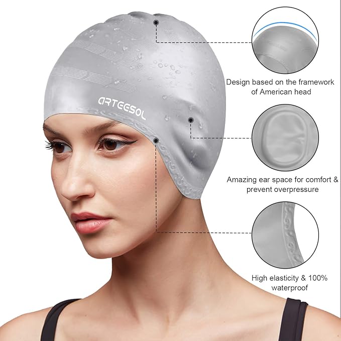 Swimming Cap, Silicone Swim Cap for Women Men, Durable Non-Slip Waterproof Swim Cap Protect Ears, Long Hair for Adults, Older Kids
