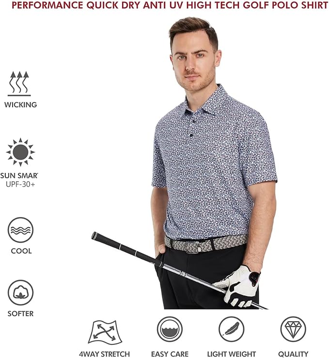 Men's Golf Polo Shirts Short Sleeve Striped Performance Moisture Wicking Dry Fit Golf Shirts for Men
