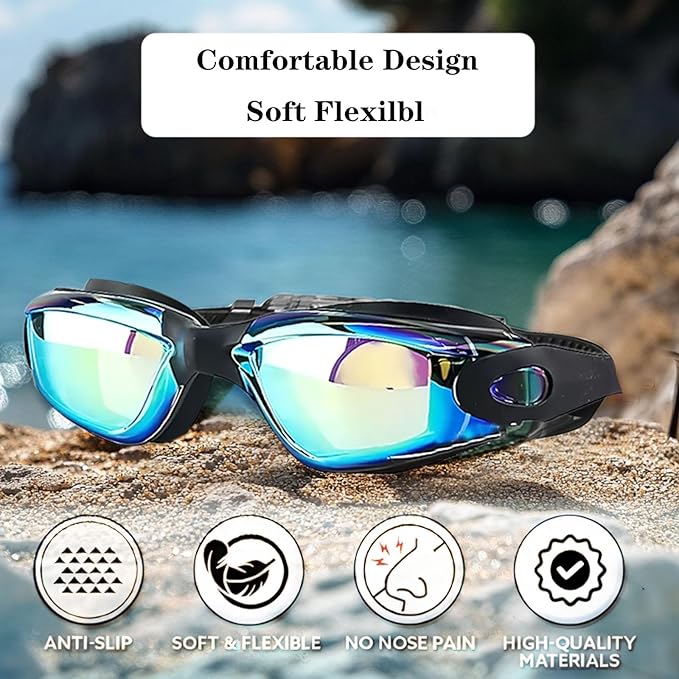 Swim Goggles Swimming Goggles No Leaking with Nose Clip, Earplugs, Swim Cap and Case for Men Women