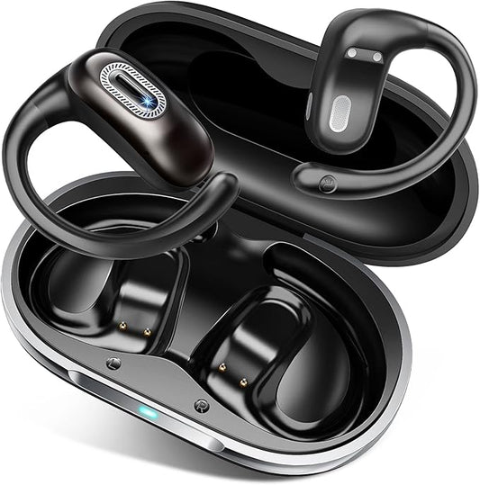 Open Ear Headphones, Bluetooth 5.4 Wireless Earbuds, 50H, Air Conduction Ear buds, HD Stereo Bass Over Ear Earphones with Earhooks, Ultra-Comfort Secure Fit, IPX7 Waterproof Headset for Working Sports