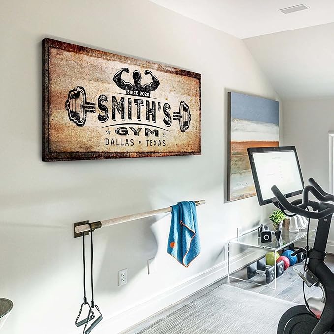 TAILORED CANVASES Personalized Gym Sign Wall Art Decor - Motivational Canvas s for Home Gym, Workout Room, Garage, Fitness Center - Workout Inspirational Posters - Gym Name on Rustic Copper, 48x24in