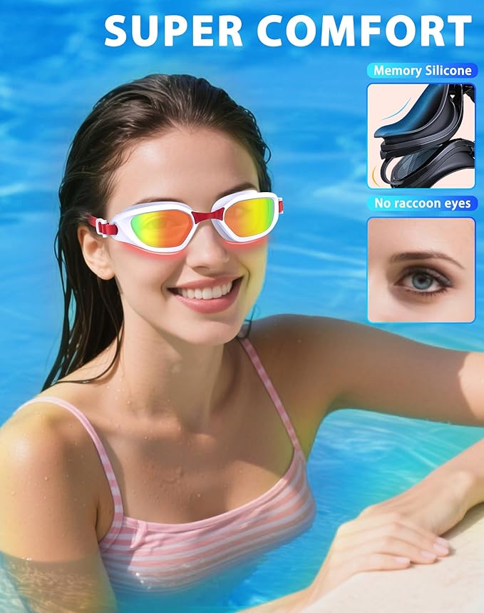 Swim Goggles, Unisex Adult Swimming Goggles Anti Fog Anti UV No Leakage Wide View for Men Women Youth