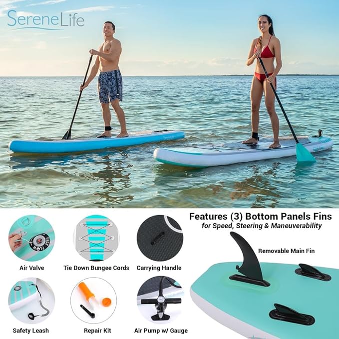 SereneLife Inflatable Stand Up Paddle Board with Premium SUP Accessories – Wide Stable Design with Non-Slip EVA Deck Pad for Adults and Youth of All Skill Levels