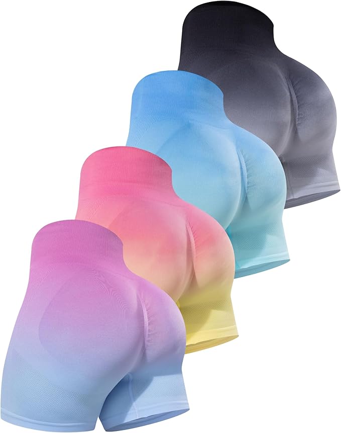 CHRLEISURE Women's 4 Packs Workout Gym Shorts, High Waisted Butt Lifting Scrunch Butt Seamless Booty Shorts