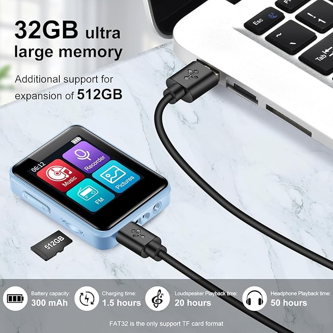 32GB MP3 Player with Bluetooth, 1.8 inch Screen, with FM Radio, Recorder, Portable Sport HiFi Music Player Up to 512GB, Blue