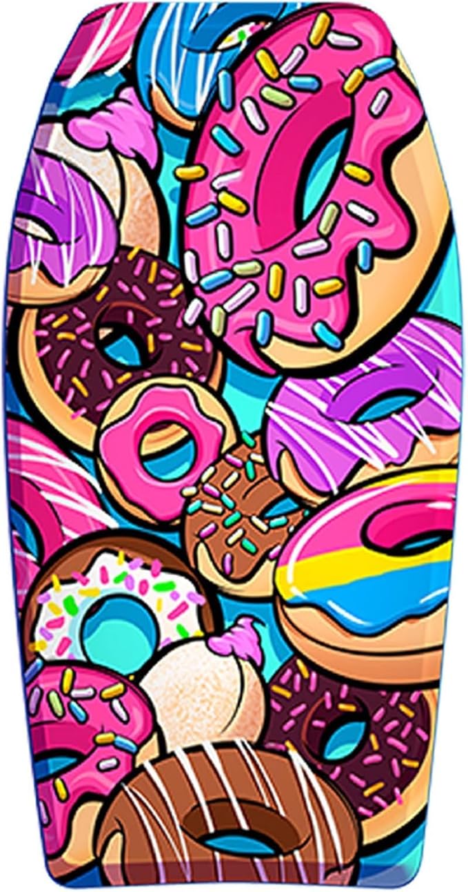 PMU 33 Inch Donut Printed Bodyboard - Lightweight Wrist Leash Body Board for Beach, Sea & Pool - Surfing Board for Teens & Adults Wave Conditions Pkg/1
