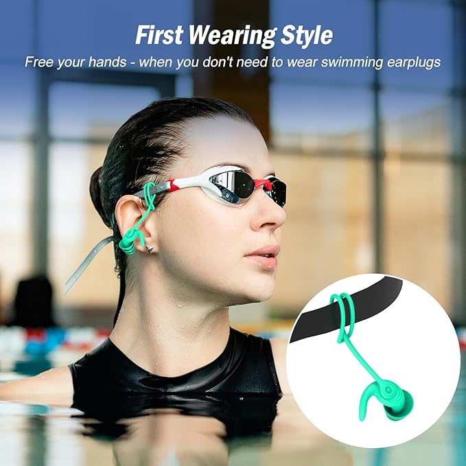 Swimming Ear Plugs for Adults, 4 Pairs Waterproof Reusable Silicone Swim Earplugs with Removable Cord, Perfect for Swimming, Showering, Surfing and Other Water Sports - Two Wearing Styles