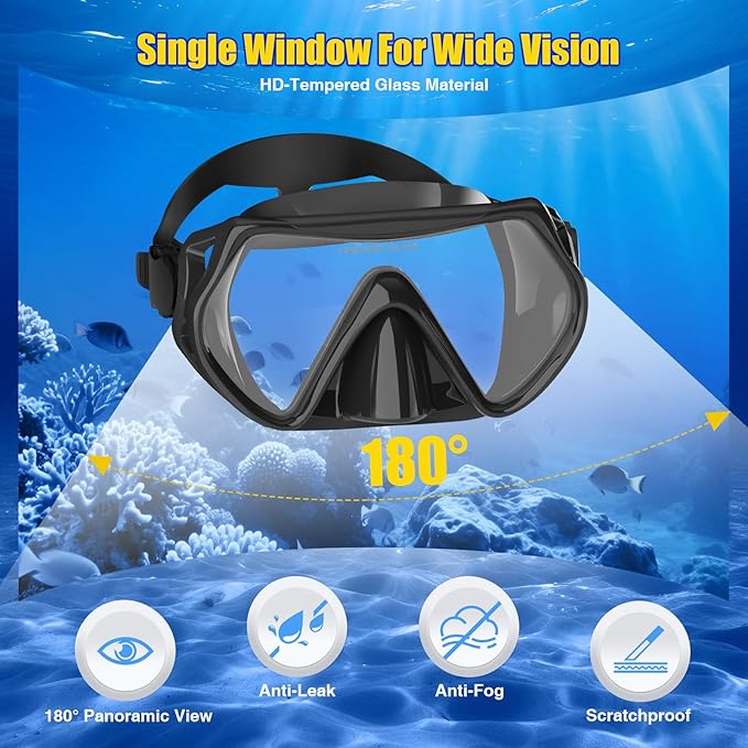 Snorkeling Gear, Dry Snorkel Set180° Panoramic Wide View,Anti-Fog Scuba Diving Mask, Professional Snorkeling Gear for Free Breathing, Swimming, Diving
