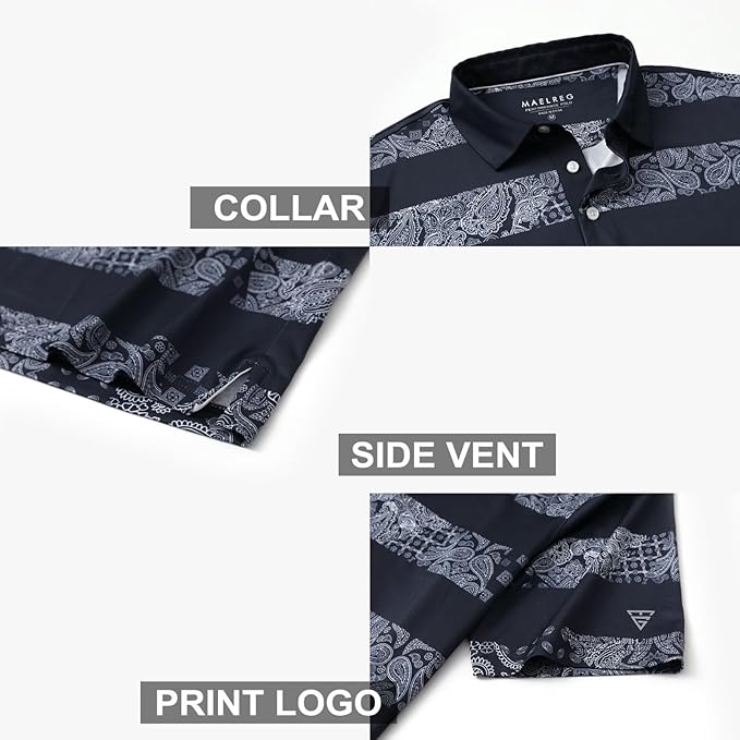 Men's Golf Polo Shirts Short Sleeve Striped Performance Moisture Wicking Dry Fit Golf Shirts for Men