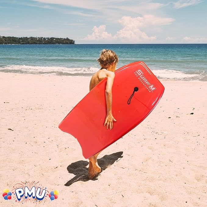 PMU 33 Inch Red Bodyboard - Lightweight Wrist Leash, Slick Bottom Boards for Beach, Sea & Pool - Surfing Board for Kids, Teens & Adults Wave Conditions Pkg/1