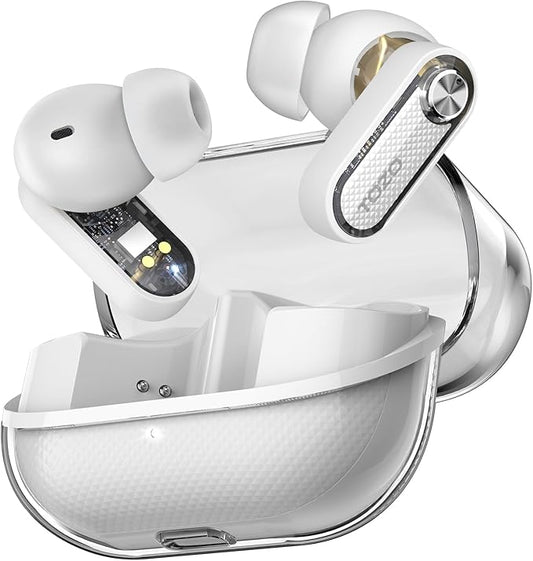 TOZO Crystal Pods Hybrid Active Noise Cancelling Wireless Earbuds, 10mm Drivers Deep Bass Stereo Sound, 4 Mics Smart ENC AI Calls, 32 EQ via App, Bluetooth 5.4 Headphones, Crystal Case Design