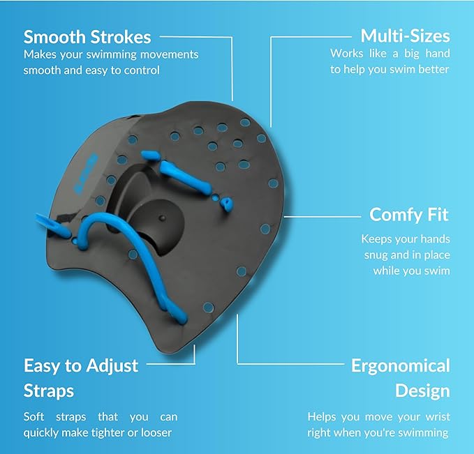 𝗦𝗽𝗼𝗿𝘁𝗶 Power Swim Paddles for Lap Swimming - Adjustable Straps - Lap Swimming Gears - Hand Paddles for Adults & Kids