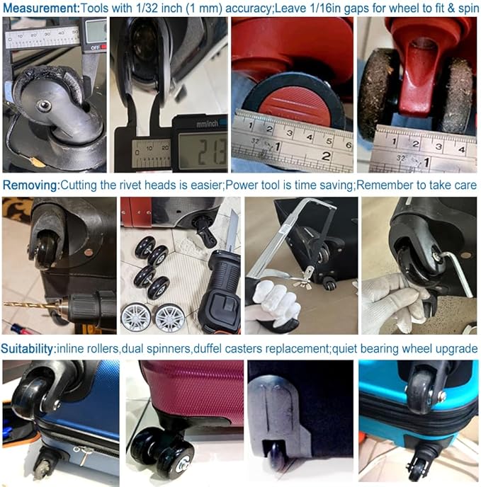 Luggage Suitcase Replacement Wheels Set of 4 PU Bearing Wheels-Install Width 0.8in/21mm with 3 Size Axles and Hacksaw for Trolley Bag Drawbar Box Smooth Rolling Repair(50mm x 18mm)