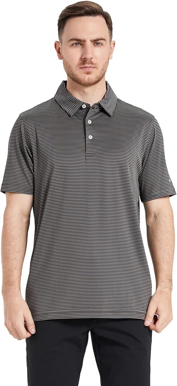 Men's Golf Polo Shirts Short Sleeve Striped Performance Moisture Wicking Dry Fit Golf Shirts for Men