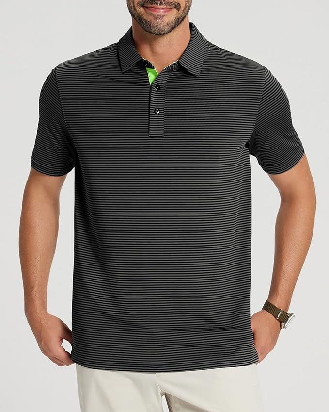 Golf Shirts for Men - Moisture Wicking Short Sleeve Performance Sport Casual Striped Collared Mens Polo Shirt
