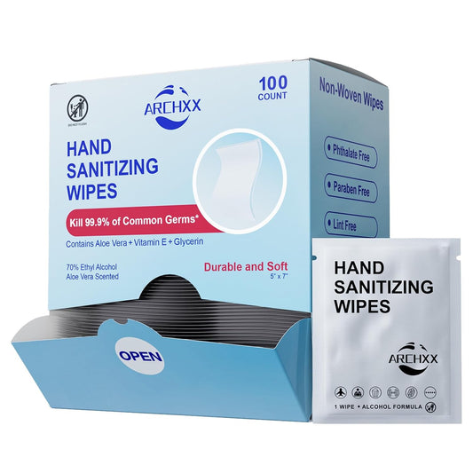 Premium Hand Sanitizing Wipes, 100 Count Non-Woven Wet Wipes Travel Size, Aloe Vera Scent, 70% Alcohol, Individually Wrapped, for Home, Office & Outdoor, Drawstring Bag Included