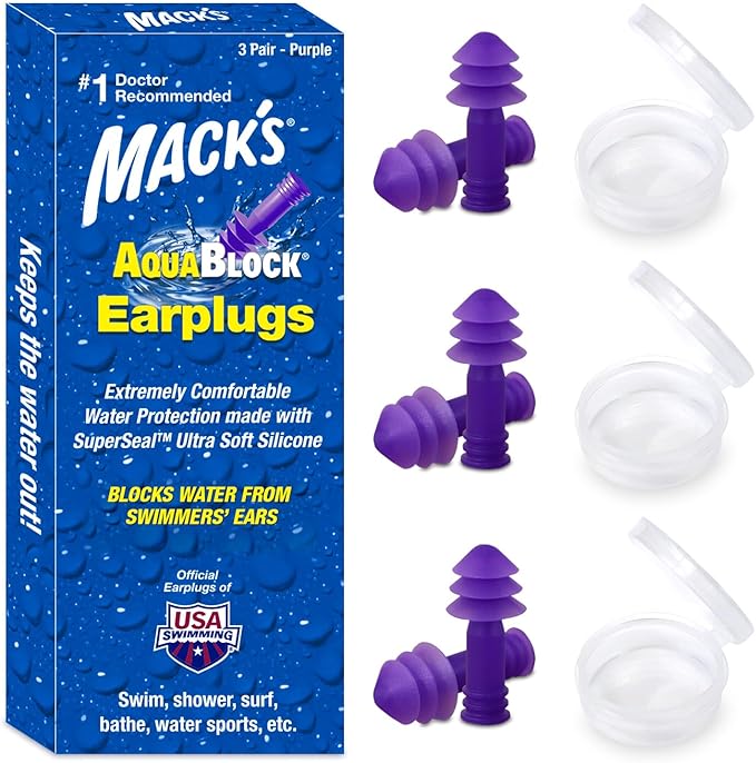 Mack's AquaBlock Swimming Earplugs, 3 Pair - Comfortable, Waterproof, Reusable Silicone Ear Plugs for Swimming, Snorkeling, Showering, Surfing and Bathing (Purple)