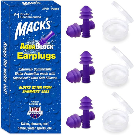 Mack's AquaBlock Swimming Earplugs, 3 Pair - Comfortable, Waterproof, Reusable Silicone Ear Plugs for Swimming, Snorkeling, Showering, Surfing and Bathing (Purple)